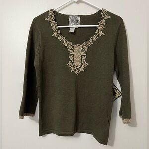 Chic Olive Green Embroidered Knit Blouse